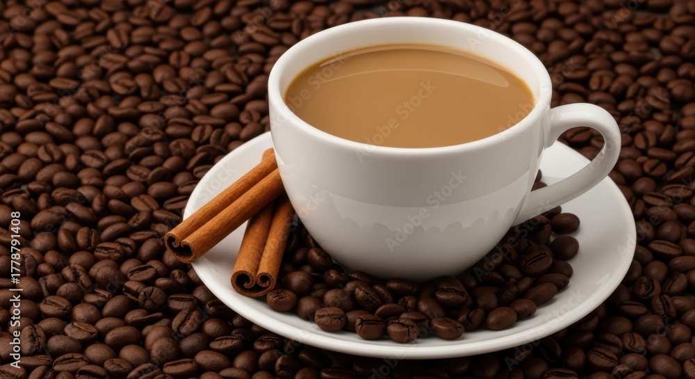 Obraz premium Coffee with milk and cinnamon sticks on a bed of roasted coffee beans