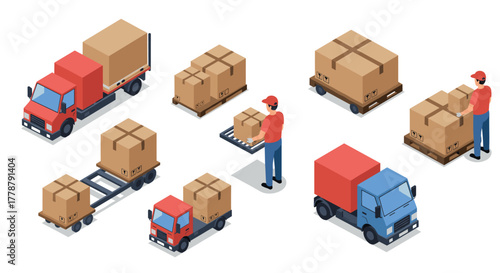 Isometric delivery service with trucks and boxes in 3d packaging concept