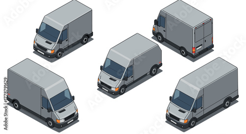 Isometric delivery vans in various angles on white background