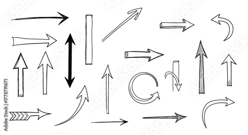 Collection of hand drawn arrows and directional symbols in black and white sketch style