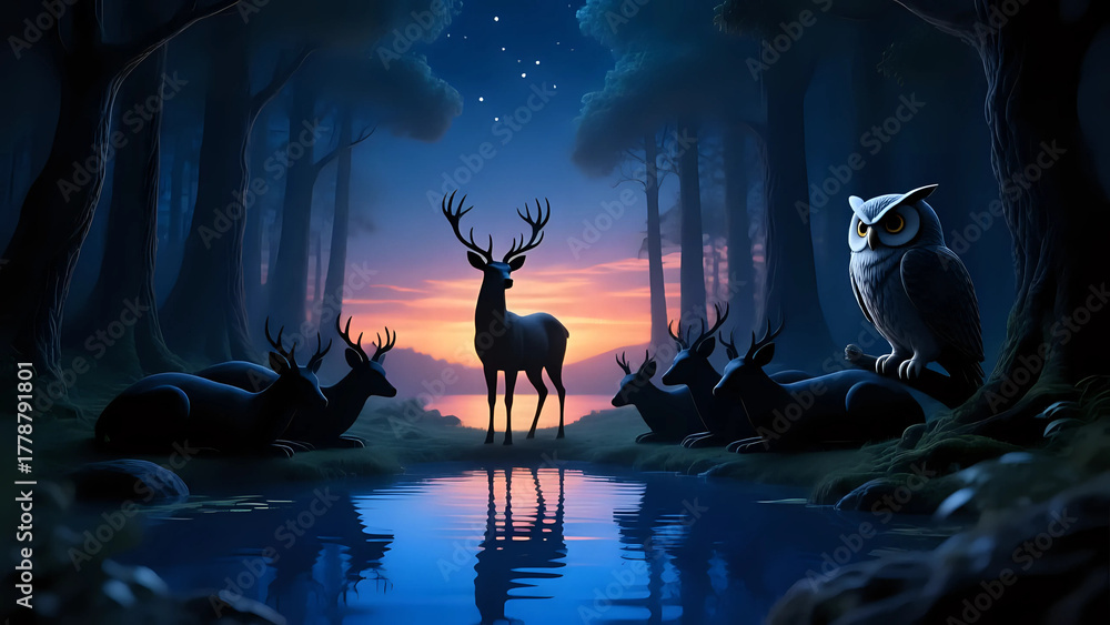 Obraz premium Moon night landscape with a deer