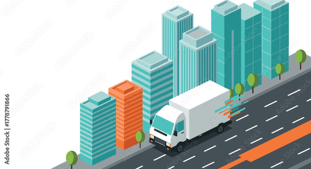 Fototapeta premium Isometric cityscape with delivery truck on road modern urban logistics concept