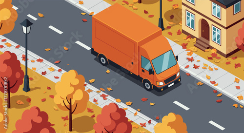 Orange delivery truck on autumn street with colorful falling leaves and cozy houses