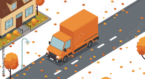 Isometric autumn urban scene with orange truck on leaflined street near cozy house