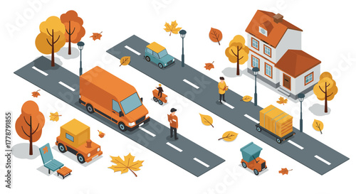 Autumn isometric street scene with cars, trees, and people in warm colors