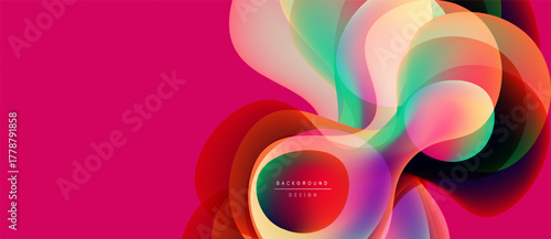 Abstract colorful shapes overlap, creating dynamic visual effect. Pink background complements vibrant hues, modern design element.