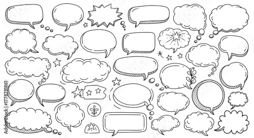 Collection of hand drawn speech bubbles and thought clouds in black and white sketch style