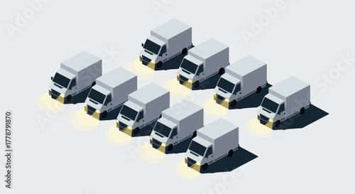 Isometric white cargo vans with headlights in geometric formation on white background