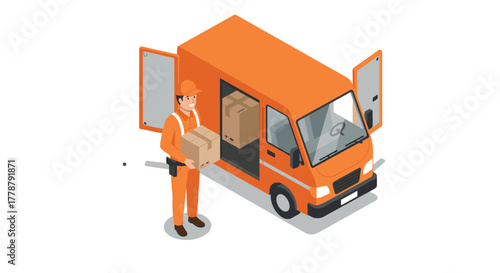 Delivery service worker unloading van with boxes in isometric style