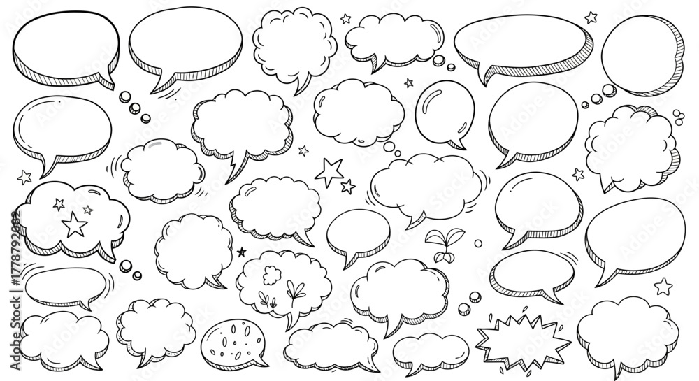 Fototapeta premium Collection of hand drawn speech bubbles and thought clouds in a sketchy doodle style