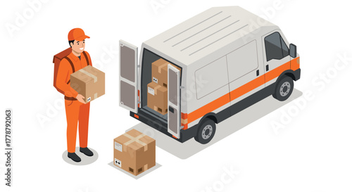 Delivery worker unloading boxes from van in isometric style