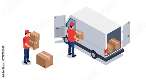 Isometric delivery scene with workers loading boxes into van