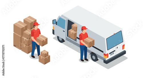 Isometric delivery scene with workers and van unloading packages