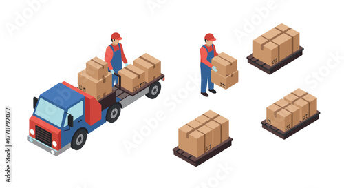 Isometric delivery workers loading boxes onto truck for logistics concept