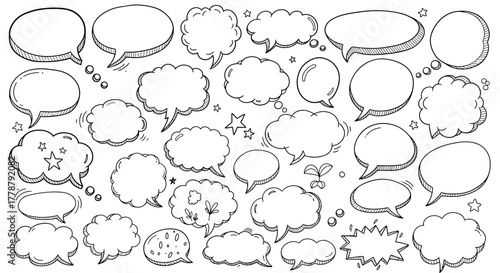 Collection of hand drawn speech bubbles and thought clouds in a sketchy doodle style