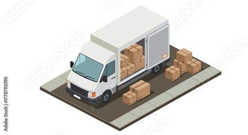 Isometric delivery truck with open cargo space on road with packages