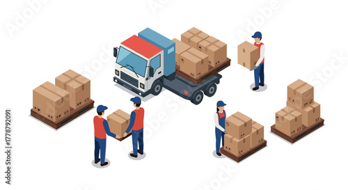 Isometric warehouse logistics with delivery truck and workers handling boxes