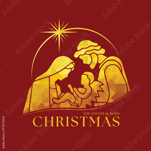 Christmas the savior is born - The Nativity with mary and joseph in a manger with baby Jesus in line circle and star light with abstract gold low poly texture on red background vector design