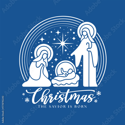 Christmas the savior is born White The Nativity with mary and joseph in a manger with baby Jesus in line circle and star light on blue background vector design