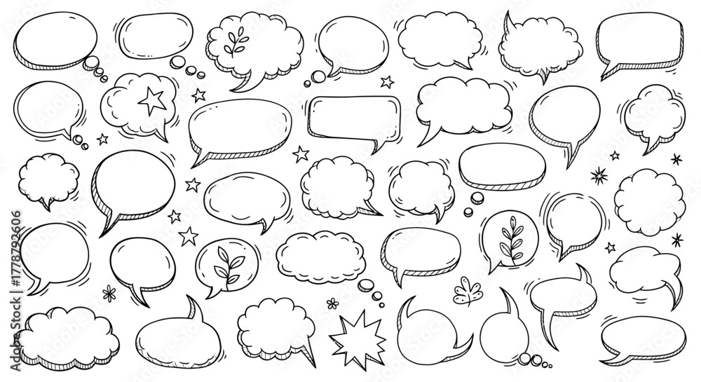 Fototapeta premium Collection of hand drawn speech bubbles and thought bubbles with doodle elements