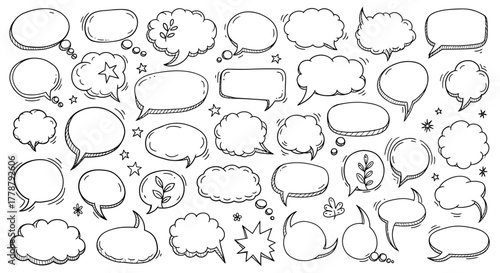 Collection of hand drawn speech bubbles and thought bubbles with doodle elements