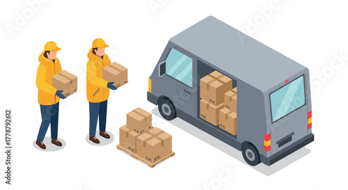 Delivery service workers loading boxes into a van in isometric style