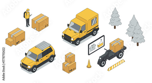 Isometric delivery concept featuring trucks, cargo boxes, and a courier in a modern logistics setting