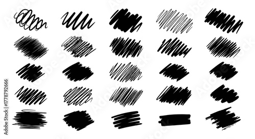 Collection of hand drawn black scribble brush strokes and textures on white background