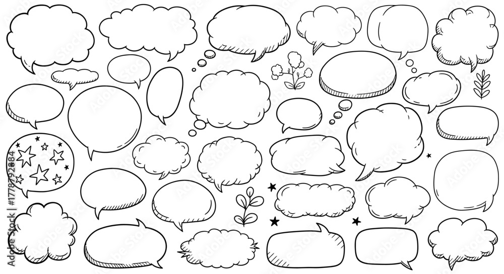 Obraz premium Collection of hand drawn speech bubbles and thought clouds in various shapes and sizes for comic books and graphic design