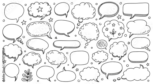 Collection of hand drawn doodle speech bubbles and thought clouds with decorative elements