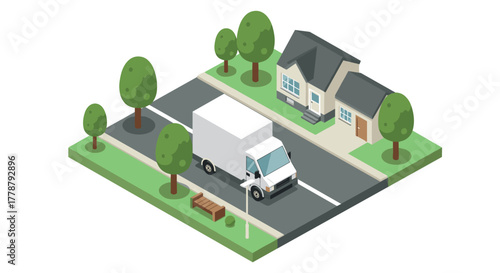 Isometric suburban neighborhood with delivery truck and houses