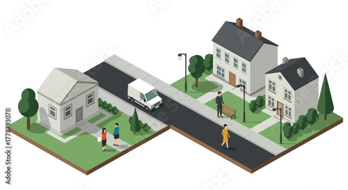 Isometric urban neighborhood scene with houses, road, and people