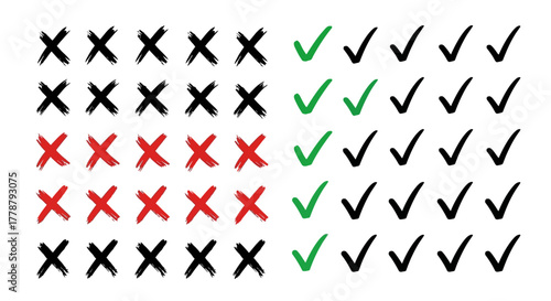 Hand drawn check marks and x marks representing correct and incorrect choices or decisions