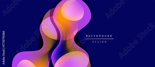 Abstract fluid shapes overlap, creating vibrant color gradients. Orange, pink, purple hues dominate dark blue background. Modern design element.