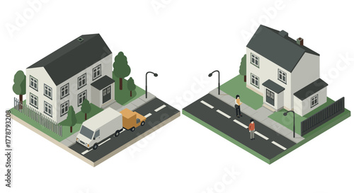 Isometric suburban neighborhood with houses and street scene