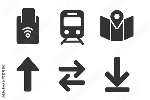 Transport and navigation icons: card, train, map, arrows, wireless signal.