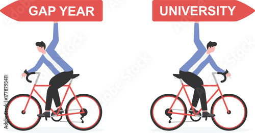 Gap year, learning life and searching for motivation to achieve the goal concept. High school graduate carrying backpack and meeting life choice road signs to find which way to go.
