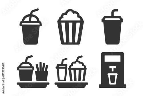 Fast food icons: popcorn, beverages, fries, and soda machine.