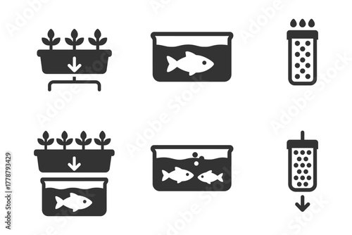 Aquaponics system icons with fish tank and plant bed illustrations.