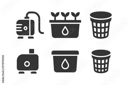 Garden icons: water pump, plant container, waste bin graphics in minimalist black style.