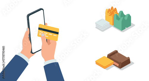 Isometric online payment and food delivery with smartphone and credit card
