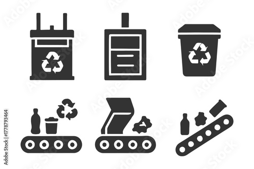 Recycling process icons showing conveyor belt and waste disposal systems.
