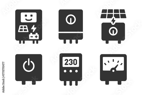 Set of electrical device icons: battery, solar panel, power switch, voltage meter.