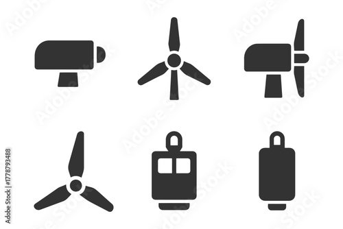 Set of six wind turbine icons in black on white background.