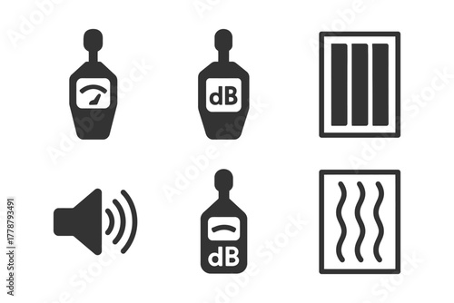 Sound level meter and acoustic panel icons in black and white.
