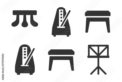 Music symbols: metronome, music stand, piano keyboard icons.