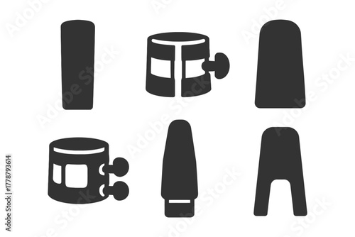 Collection of six black silhouette industrial clips and fasteners.