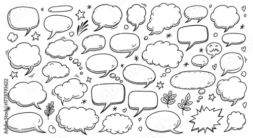 Collection of hand drawn speech bubbles and thought clouds with doodle elements and decorative accents