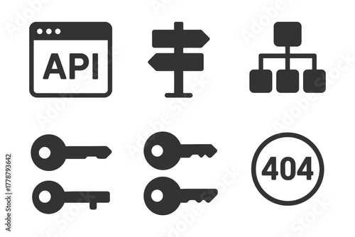 Collection of computer interface icons: api, navigation, hierarchy, keys, error 404.