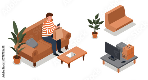 Cozy home interior isometric scene with online shopping and indoor plants